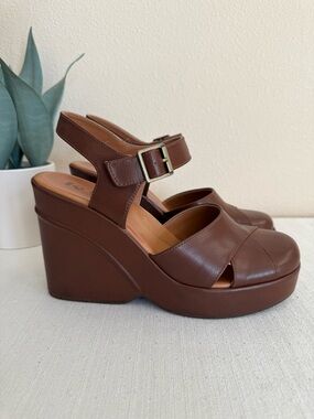 New Korks Brown Faux Leather Wedge Sandals with Ankle Strap